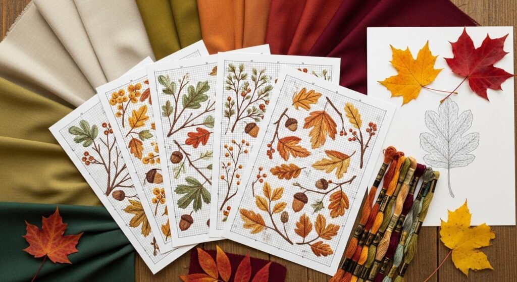 Kompozycja przedstawiająca rozłożone wzory jesiennych haftów