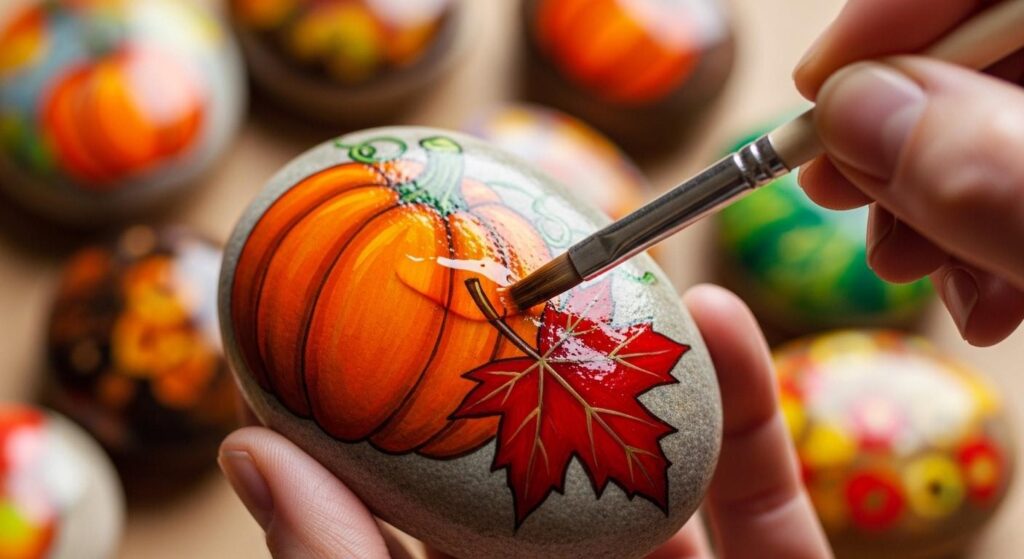 Kobieta zabezpieczająca lakierem pomalowany kamień