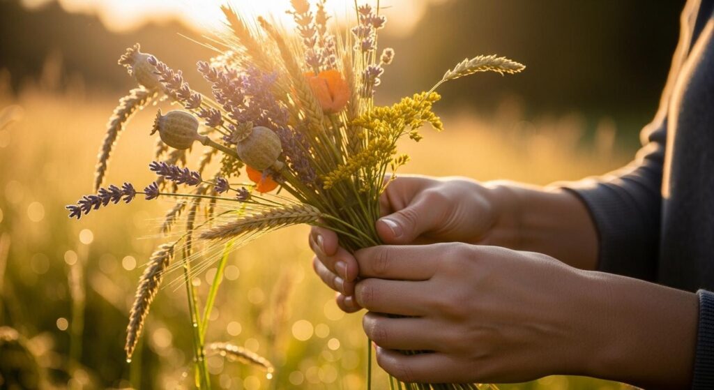 Kobieta zbierająca kwiaty do jesiennych kompozycji