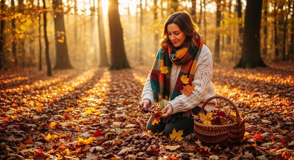 Kobieta zbierająca kasztany i liście