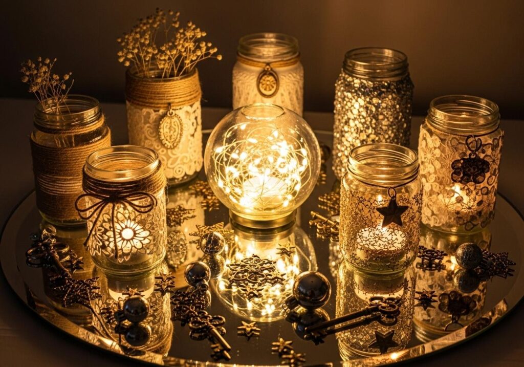 Świeczniki DIY z ozdobionych słoików i szklana kula z lampkami LED w środku