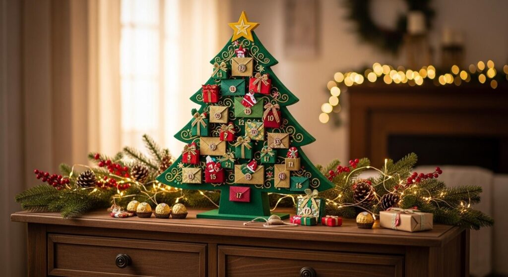 Kalendarz adwentowy DIY z rolek w kształcie choinki