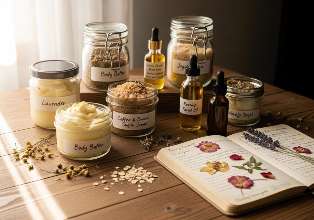 Na stole z naturalnego drewna stoją różne słoiczki i buteleczki z domowymi kosmetykami