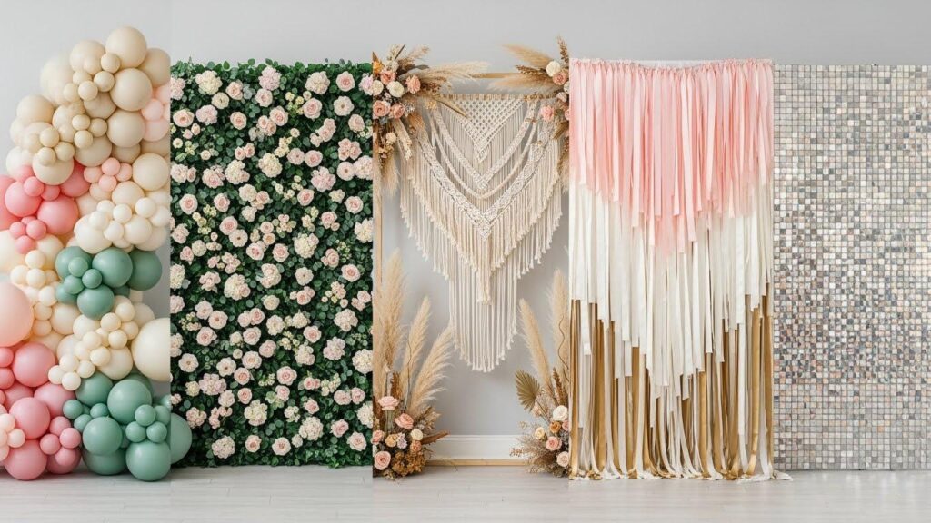 5 inspiracje na ściankę fotograficzną: balonową, kwiatową, boho, z krepiny i wstążek oraz  cekinową