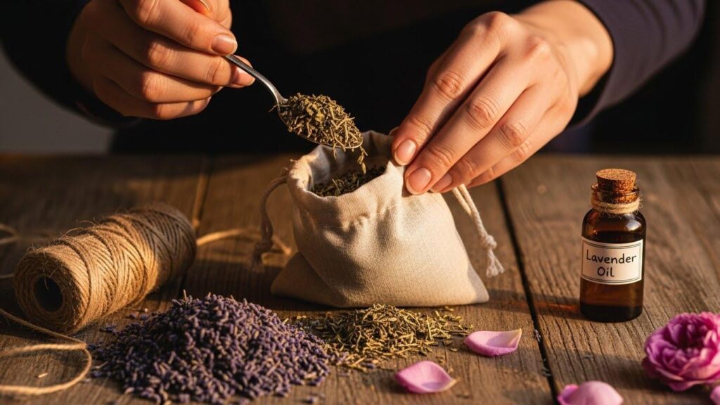 Kobieta napełniająca lniany woreczek mieszanką suszonych ziół