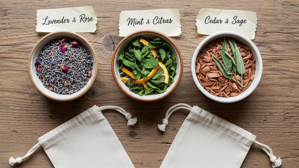 mieszanki DIY ziół: lawenda z różą, mięta z cytrusami, cedr z szałwią