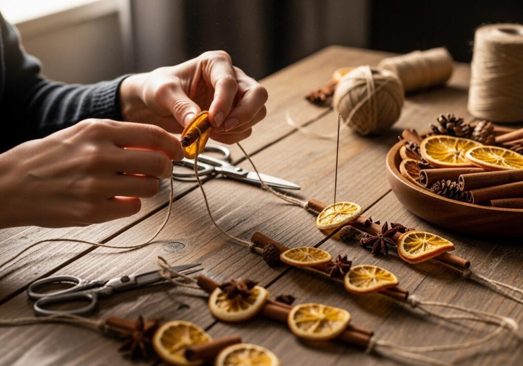 Kobieta tworząca świąteczną girlandę
