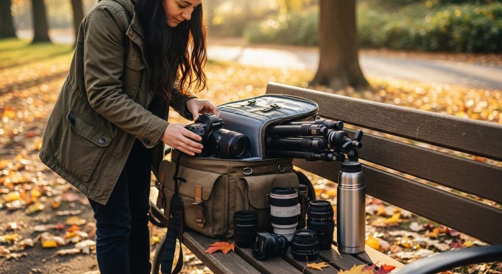 Kobieta pakująca niezbędne rzeczy na sesję fotograficzną