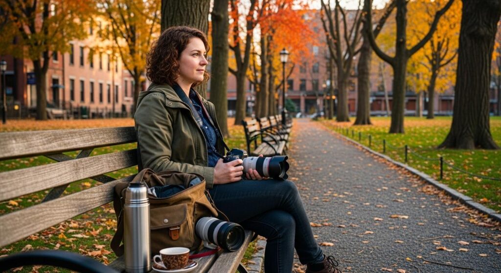 Fotografka siedząca na ławce w miejskim parku