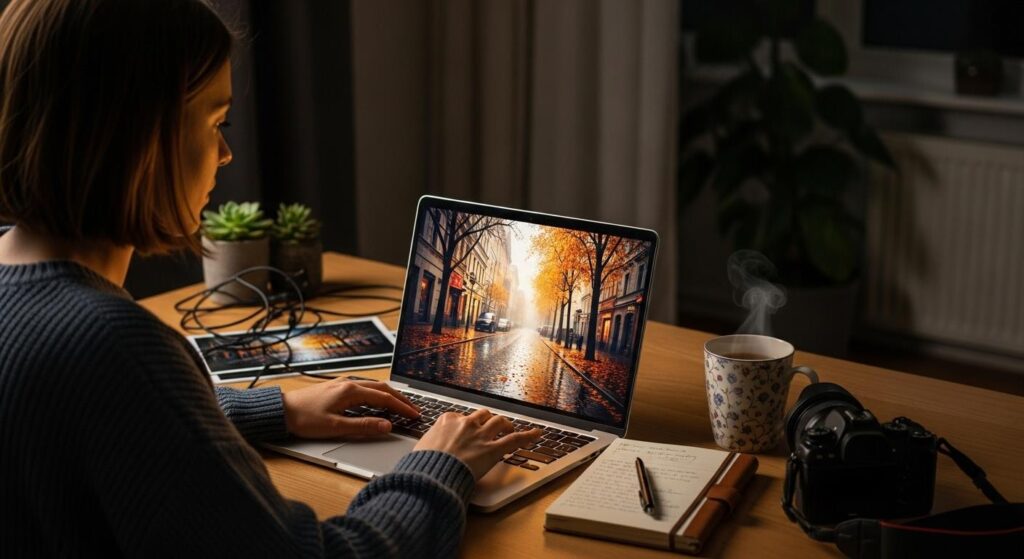 Kobieta w trakcie postprodukcji jesiennych zdjęć