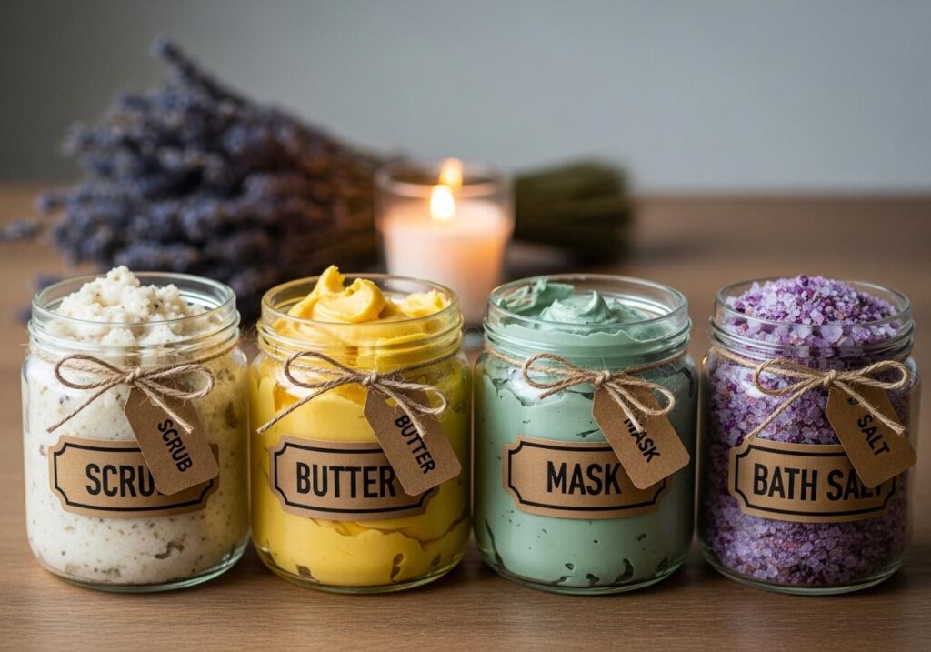 Zestaw czterech słoiczków z różnymi produktami: peeling, masło, maska i sól do kąpieli