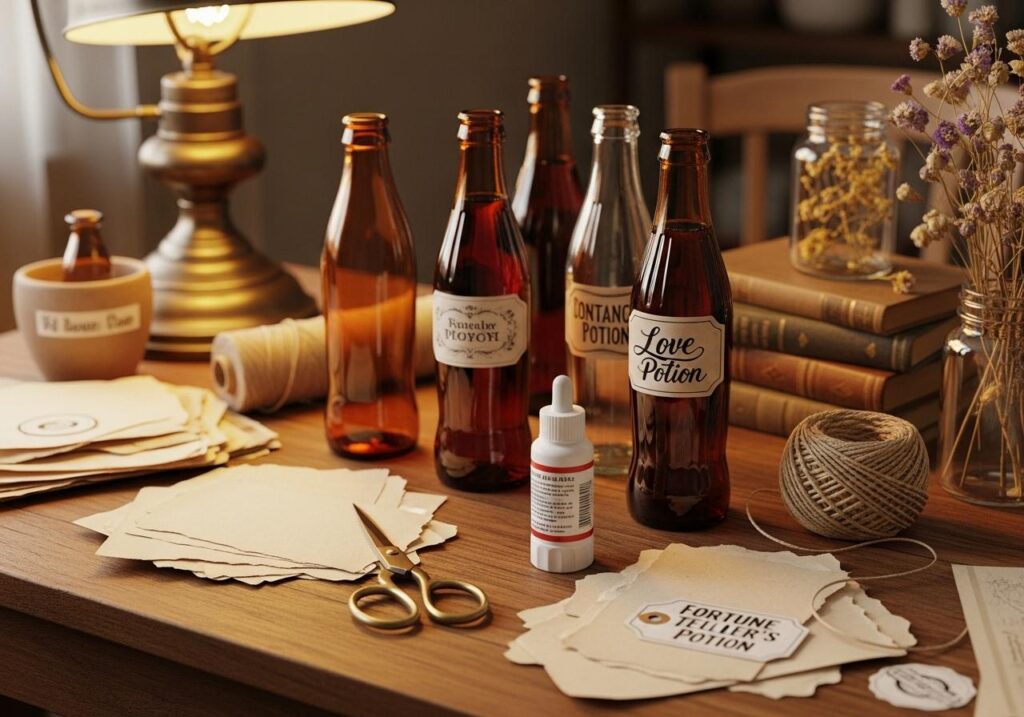 Materiały niezbędne do tworzenia etykiety DIY na napoje andrzejkowe