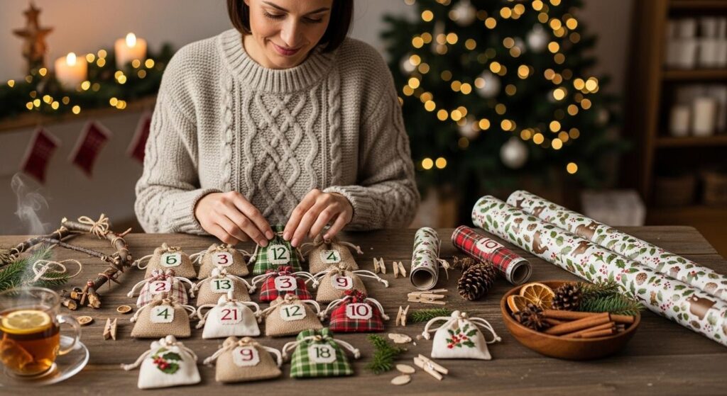 Kobieta tworząca kalendarz adwentowy DIY