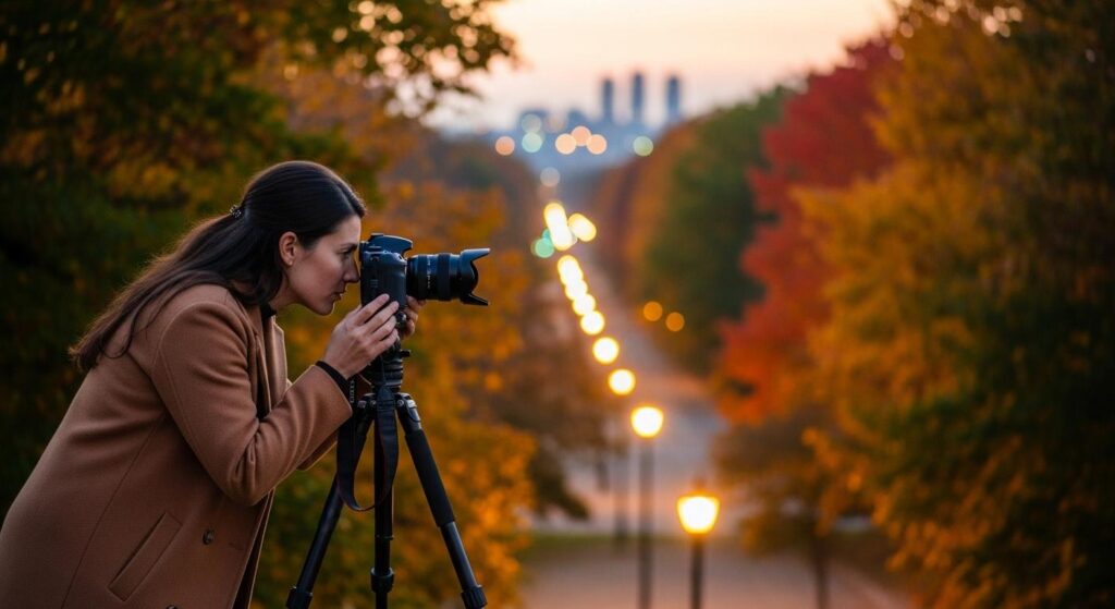 Kobieta poprawiająca ustawienia w aparacie fotograficznym