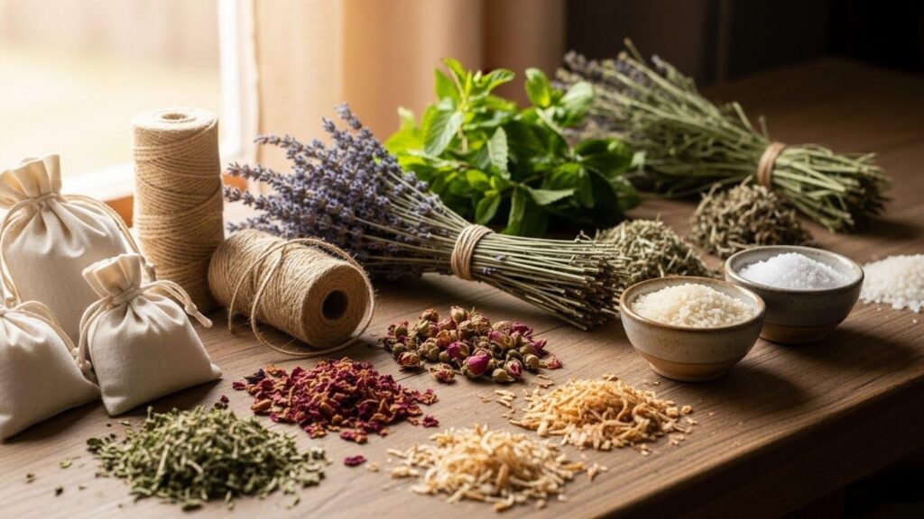 Drewniany blat z suszonymi ziołami: lawendy, mięty, melisy, płatków róży i wiórków cedrowych