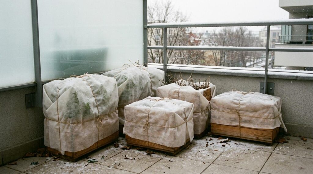 Zioła w skrzynkach na balkonie zabezpieczone przed zimą agrowłókniną