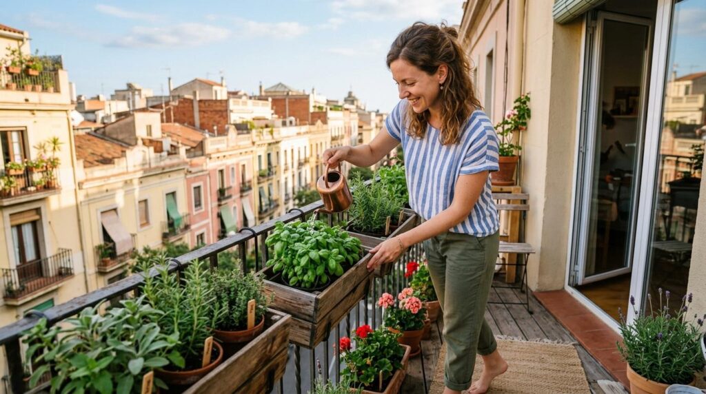 Kobieta podlewająca zioła w skrzynkach