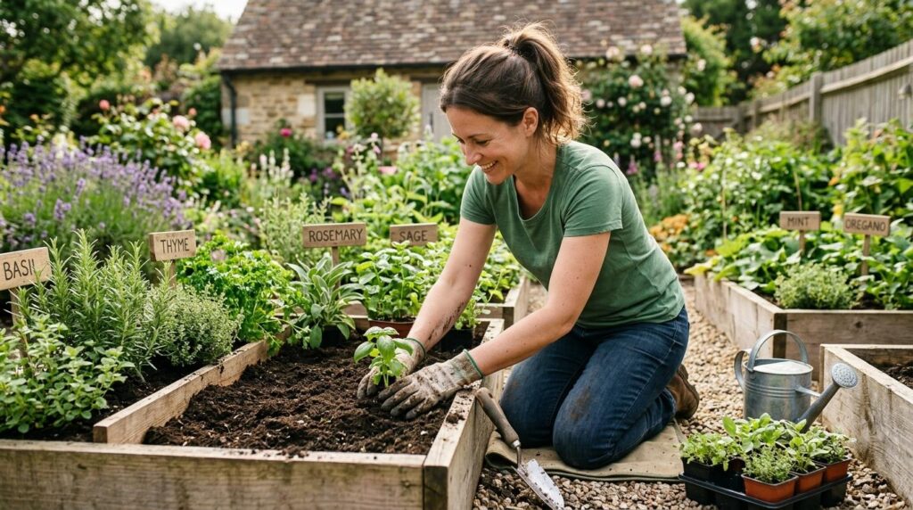 Kobieta sadząca zioła z rozsady w skrzyni