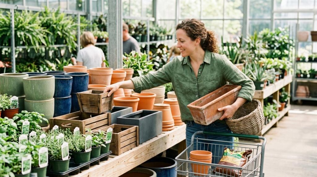 Kobieta wybierająca pojemniki i skrzynie do ogrodu ziołowego