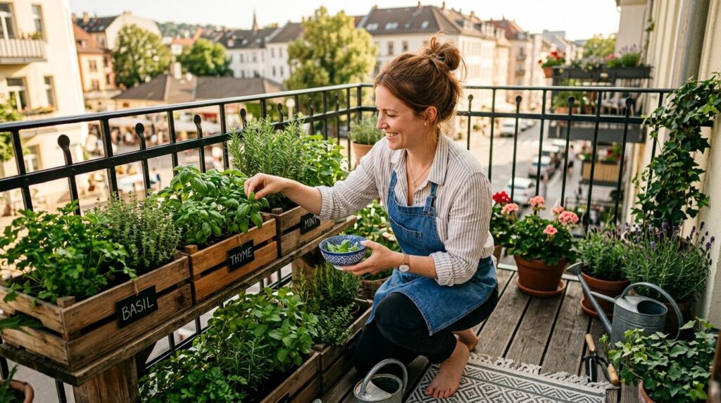 Kobieta zrywająca zioła ze skrzyń na balkonie