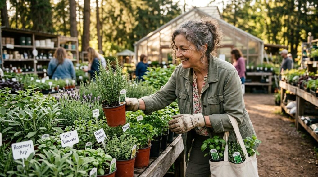 Kobieta wybierająca zioła do ogrodu ziołowego w skrzynkach